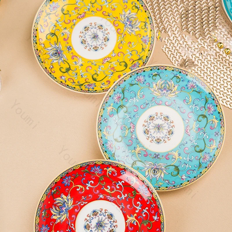 Enamel Color Retro Dining Plate Chinese Palace Style Ceramic Plates Household Fruit Dessert Tray Breakfast Exquisite Tableware