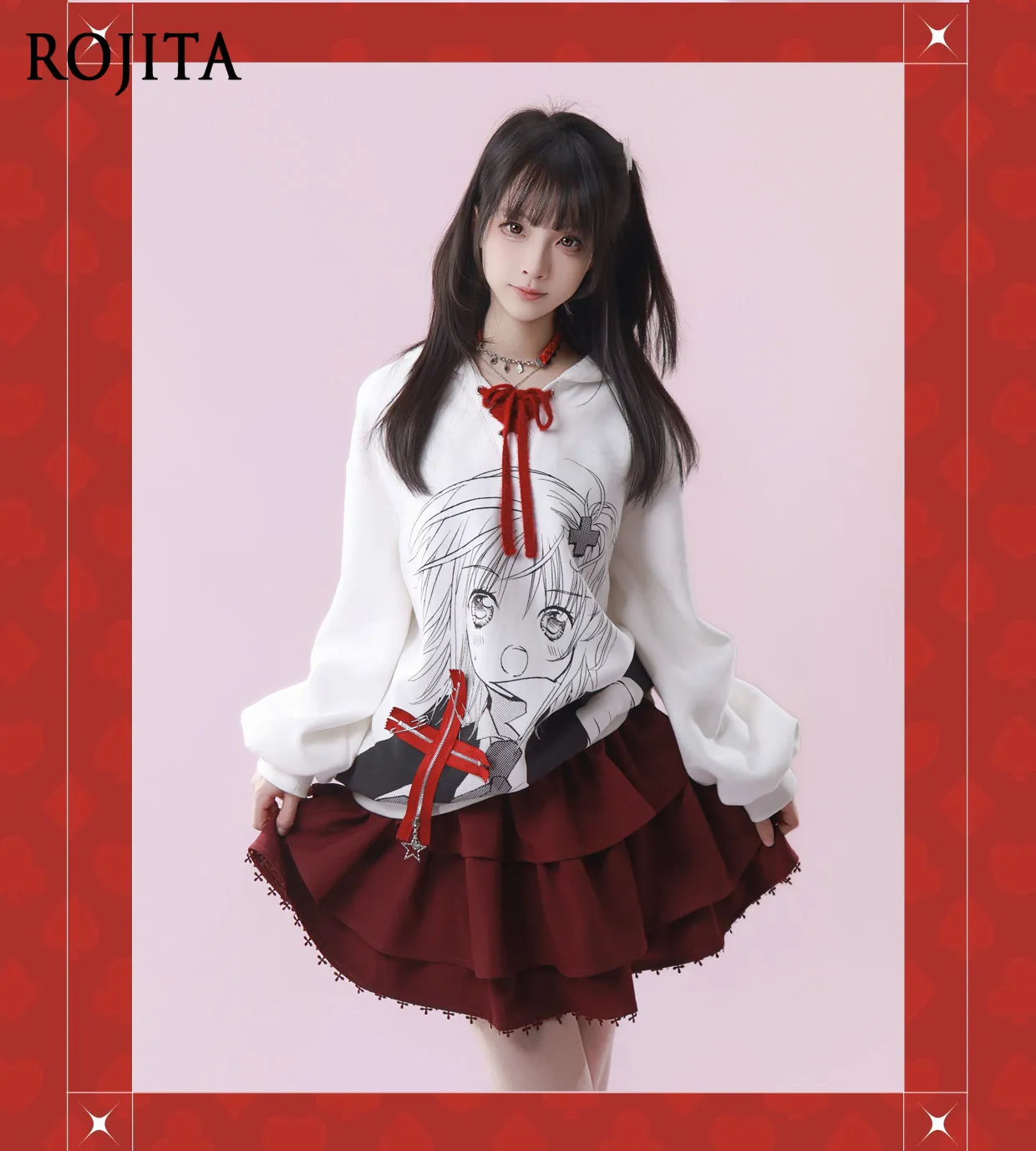 Burgundy Tiered Ruffle Skort Women Elastic Waist Cross Lace Trim Cake Mini Skirt Sweet Lolita Skirt