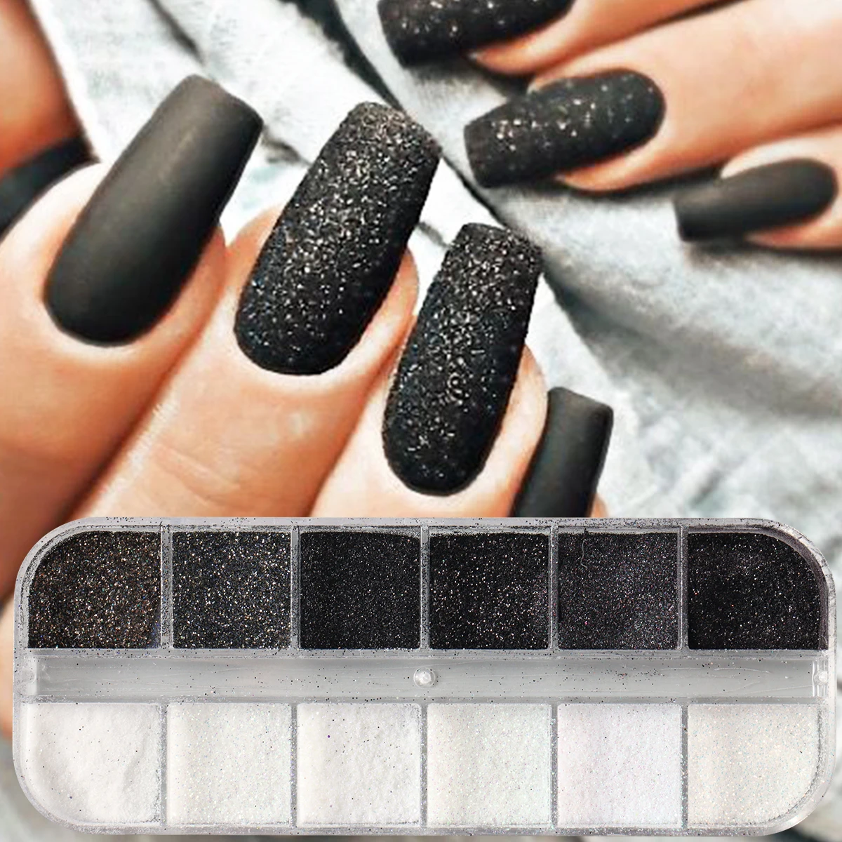 12 شبكة لامعة بيضاء سوداء السكر مسحوق بريق الأظافر تألق السكر الغبار الصباغ لتزيين الأظافر رقائق السكر الكروم