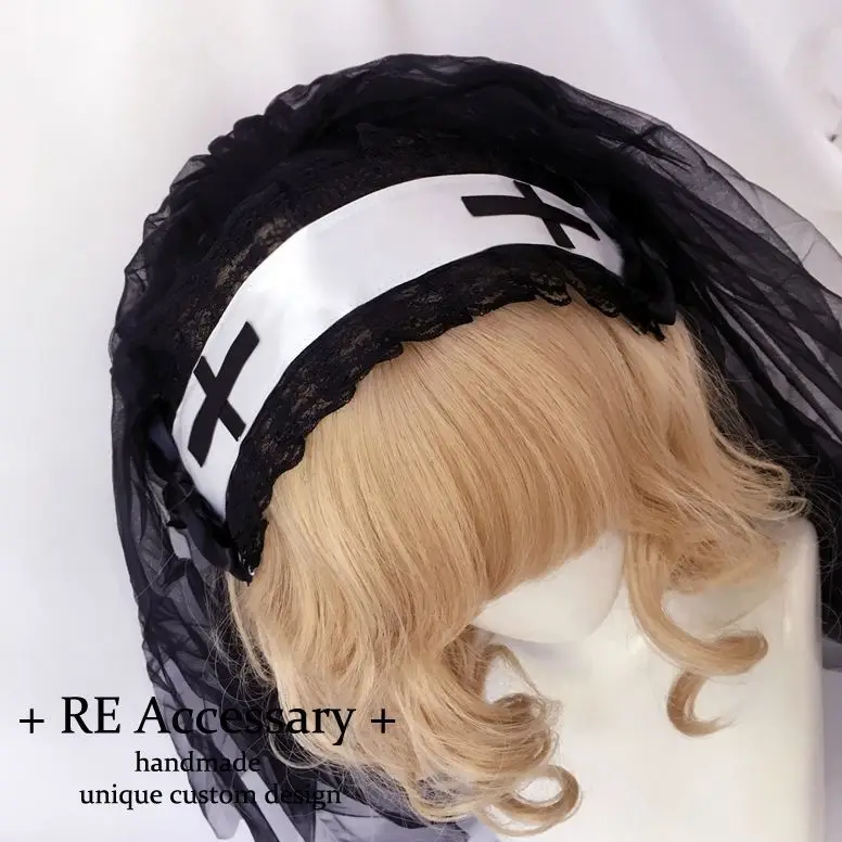 Gothic Lolita Black Lace Veil Headpiece Nun Cosplay Costume Accessories Women Girl Halloween Carnival Party Role Play Headscarf