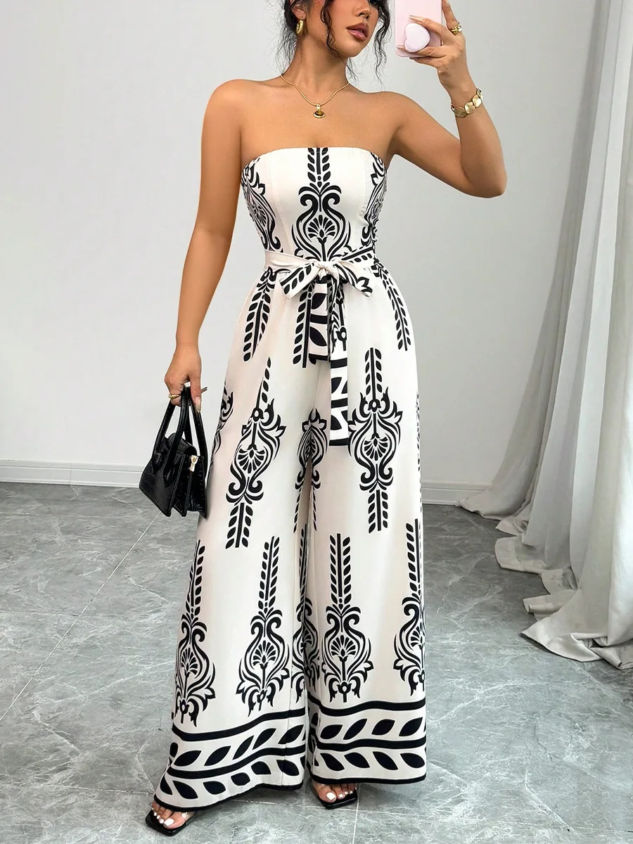 Tuta da donna 2025 estate nuova moda stampata a fascia senza maniche a vita alta casual con lacci tuta quotidiana a gamba larga