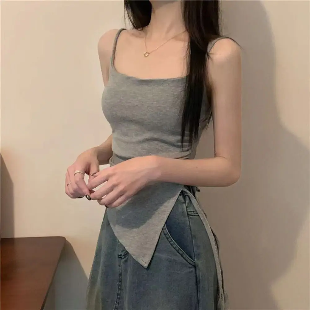 Drawstring Irregular Split Suspender Vest Top Sleeveless Slim Fit Sleeveless Lace-tied Camisole With Pads Asymmetric