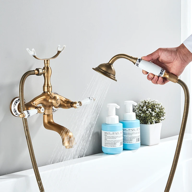 العتيقة النحاس حوض الاستحمام دش الحنفيات مجموعة المزدوج المقابض صنبور حوض خلاط الحائط حمام دش مجموعة قطب حوض صنبور حمام دش