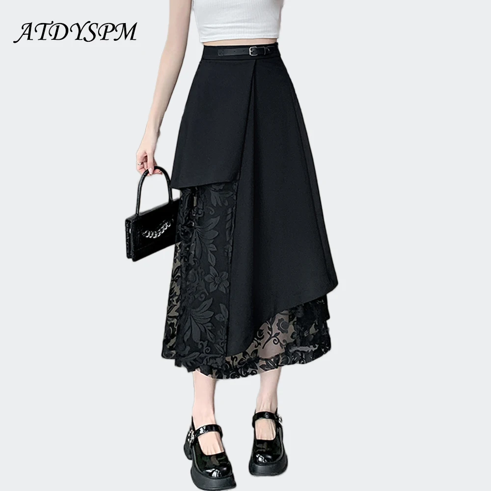 

Elegant Women High Waist Black Midi Skirts Korean Fashion Irregular Lace Splice A Line Skirt Streetwear Casual Loose Long Skirt