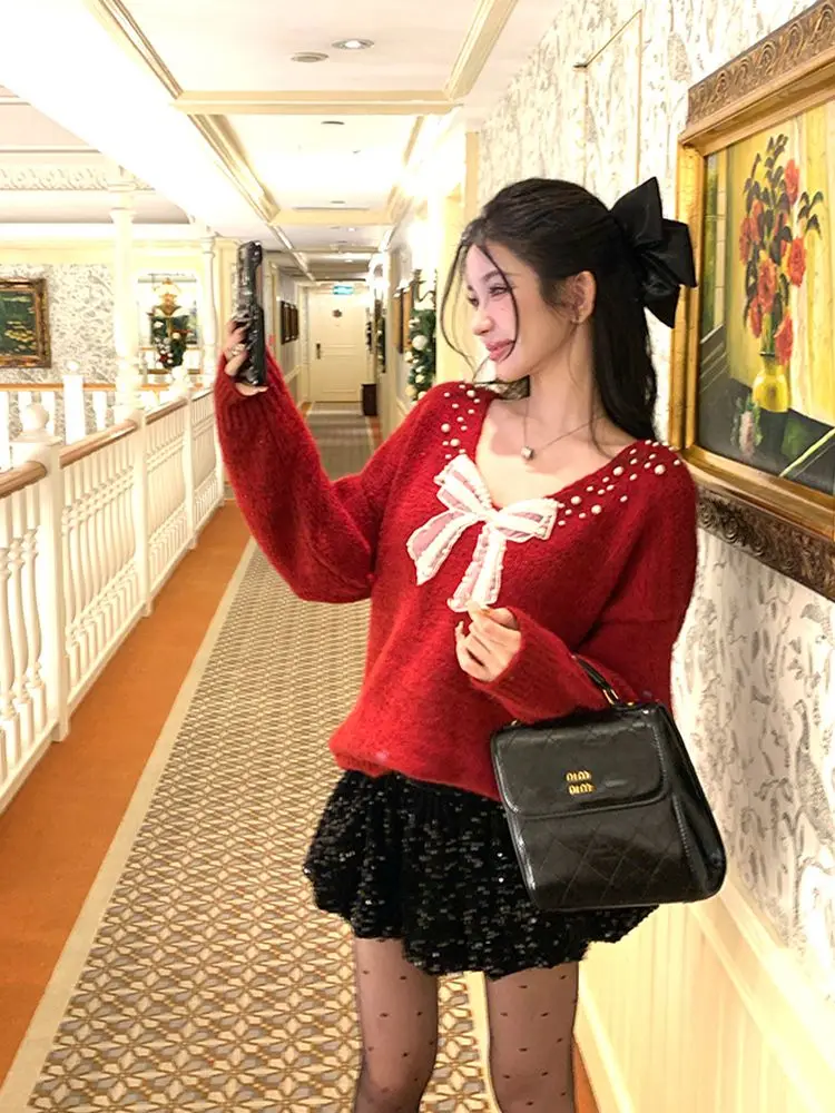 Sweater Natal Rajutan Pita Atasan Gaya Prancis Elegan Pakaian Musim Dingin