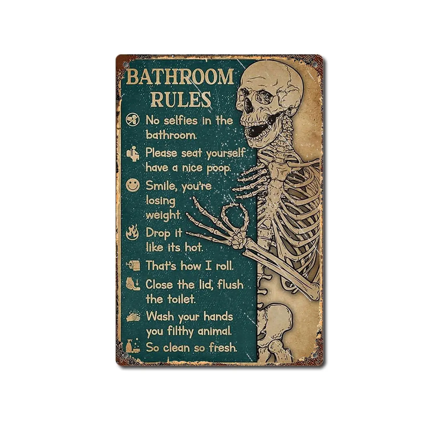 SaNavie Vintage Tin Signs Retro Metal Sign Bathroom Rules Skeleton Vertical Poster, Decor Poster,Antique for Bar Kitchen, Nostal