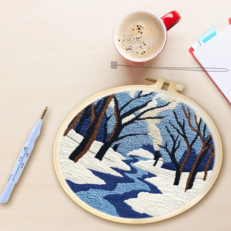 

Diy Punch Needle Kits for Adults Beginner Snow Scenery Punch Needle Fabric Yarns Embroidery Needlework Cross Stitch Diy Crafts