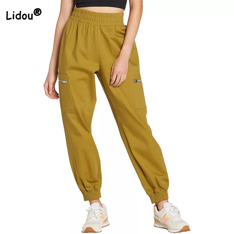 Casual Elastic Mid Waist Solid Color Trousers Womens Spring Autumn Solid Color Loose Pocket Patchwork Zippered Basic Model Pants