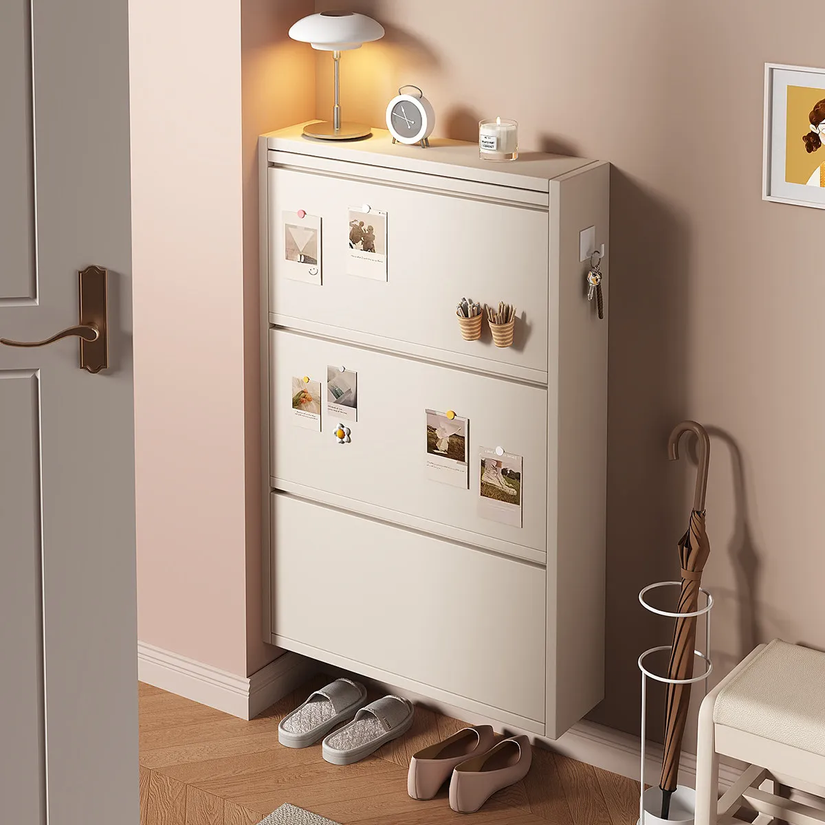 

Ультратонкий шкаф для обуви для прихожей, ультратонкий стальной шкаф-тумба с откидной крышкой для хранения у входа, встроенный настенный шкаф