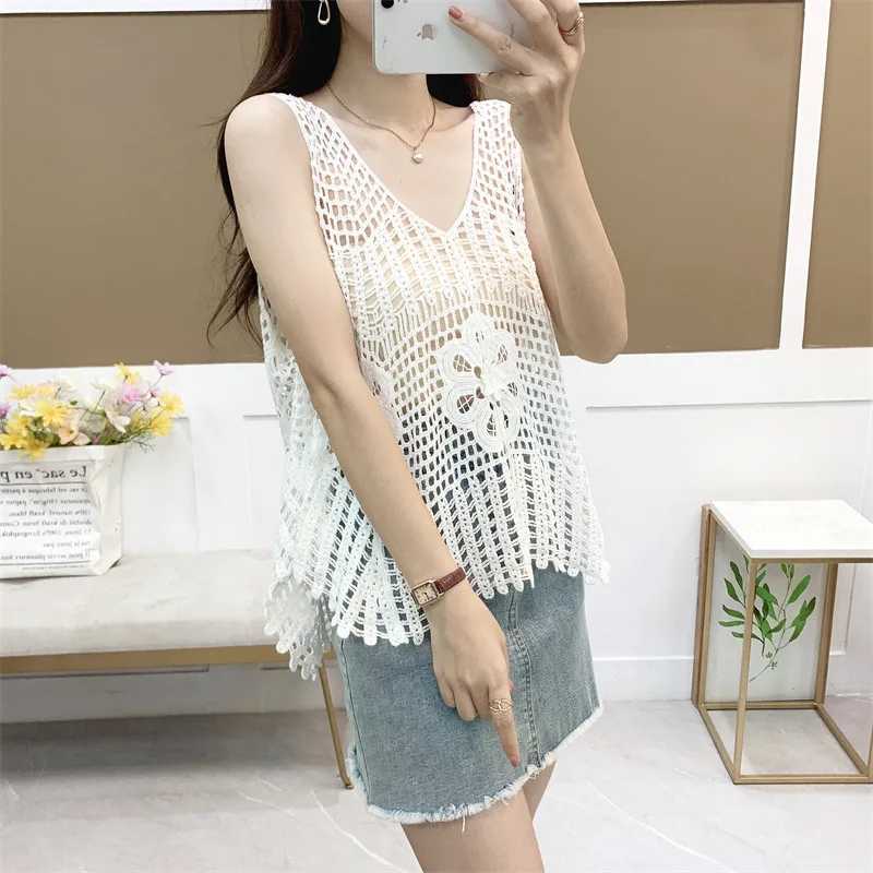 Crocheted Hollow-Out Vest Jacket Women'S Summer Outdoor New Korean Style White Loose Youthful-Looking Sling Blouse