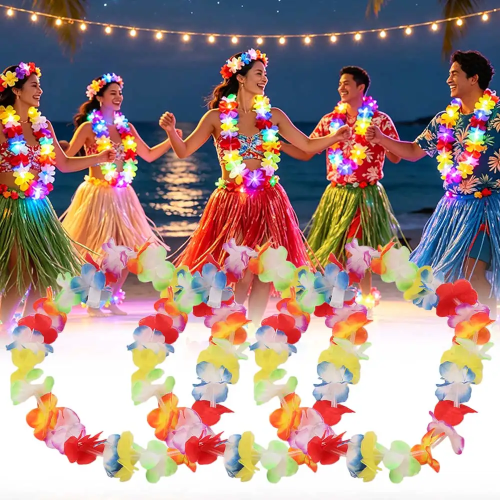 Glow In The Dark LED Necklace Rainbow Lei Tropical Design Hawaii Lei Light Up Artificial Flower Flower Wreath Wedding Decoration