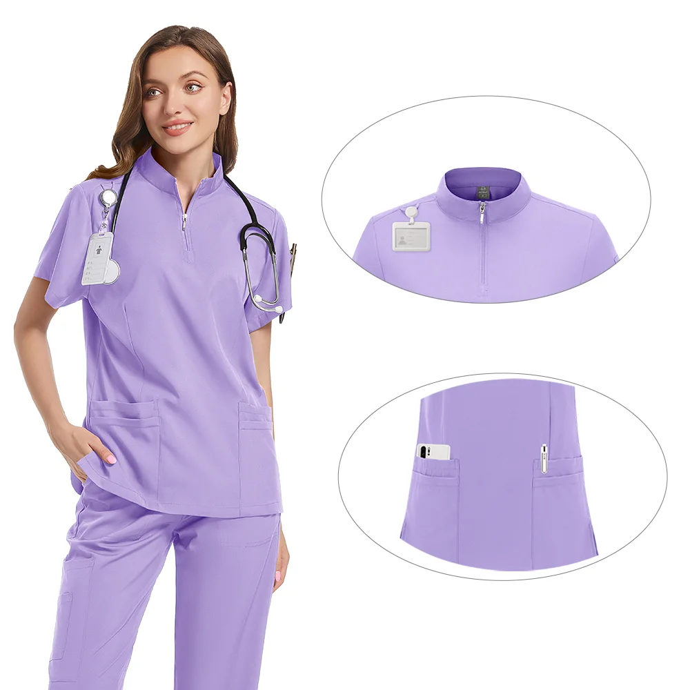 Women Nurse Shirt Frosted Set Stylish Zipper Plus Size Care  Beautiful Solid Color Overalls  Top and Pants Uniform