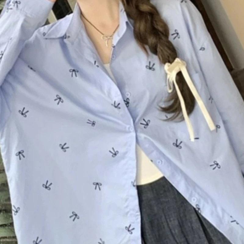 

Summer New Bow Tie Long Sleeve Shirt Women's Lapel Loose Shirt Jacket Design Top