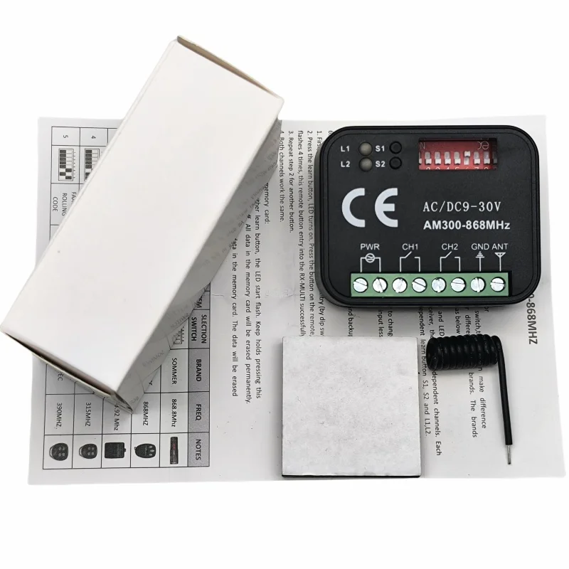 Universal Garage Door Remote Control Receiver RX, 433/868MHz Multi Frequency, AC/DC 9-30V 85-250V Relay Module, 2 Channels