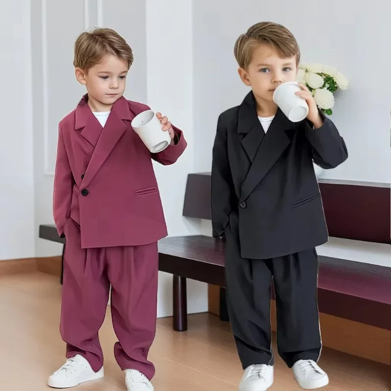 

Модный костюм для подиума, комплект детской одежды, весенняя свободная повседневная куртка, брюки, комплект из 2 предметов, свадебные костюмы для мальчиков