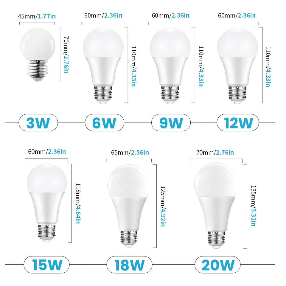 24pcs LED Bulb Lamps E27 AC220V 240V Light Bulb Real Power 20W 18W 15W 12W 9W 5W 3W Lampada Living Room Home LED Bombilla