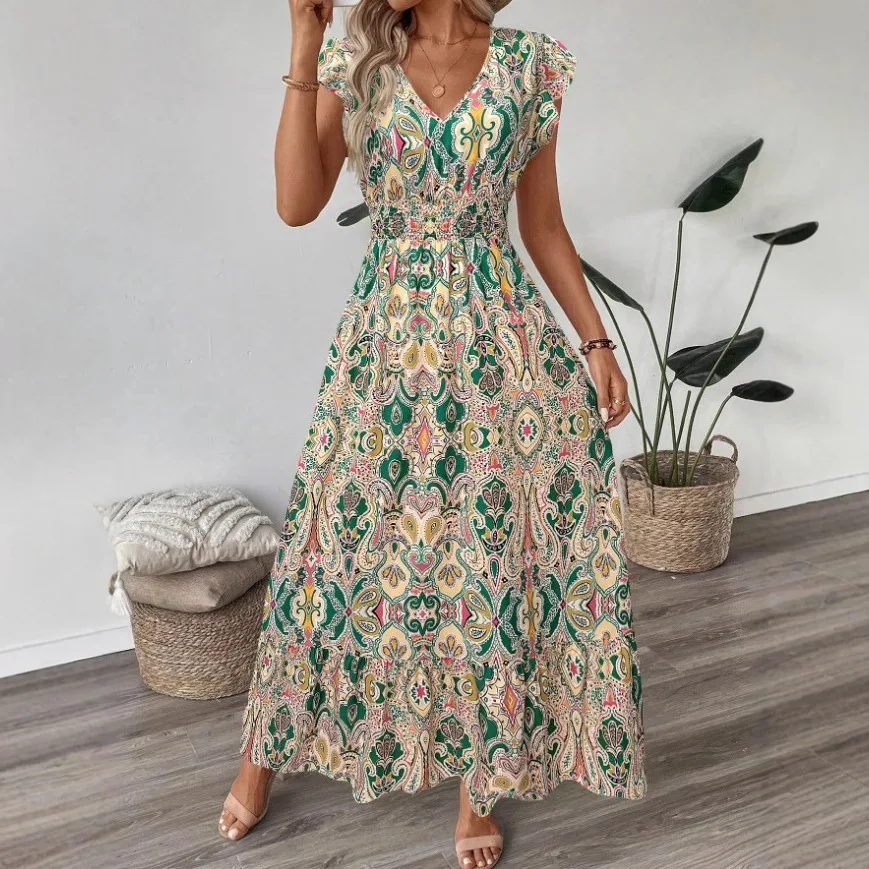 Women's Floral Print Summer Dress 2025 New Boho A-Line Swing Dress With Sleeveless High Waist Flowy Maxi Dress For Beach Vestido