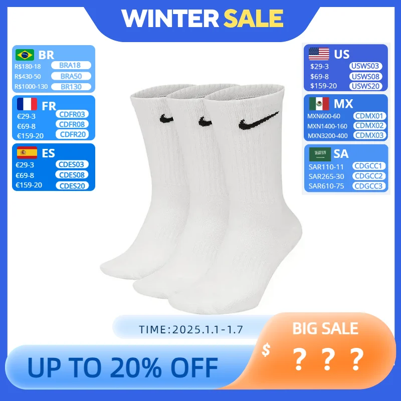 Nike Everyday Lightweightcrew Unisex Sports Socks Men's and Women's 3 Pairs Stockings for Athletic Training S M L XL SX7676