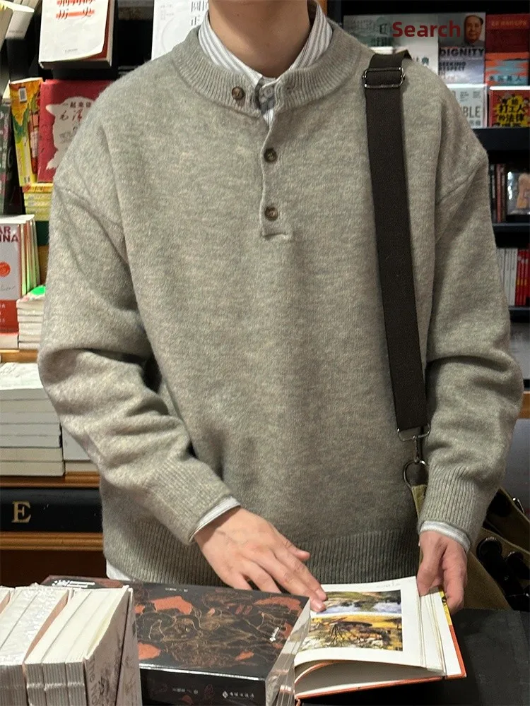 

Мужской вязаный свитер с воротником хенли, утепленный, для зимы, повседневный, мягкий, комфортный, свободного кроя, с длинным рукавом