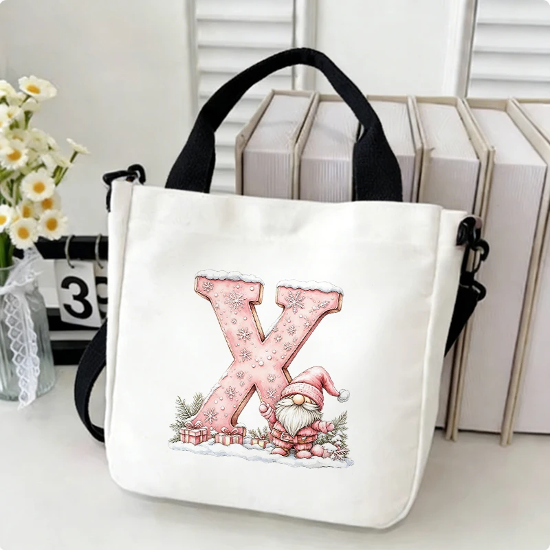 Xmas Santa Claus 26 Alphabet A-Z Print Canvas Bag for Ladies Fashion Christmas Party Shopping Shoulder Crossbody Tote Bag