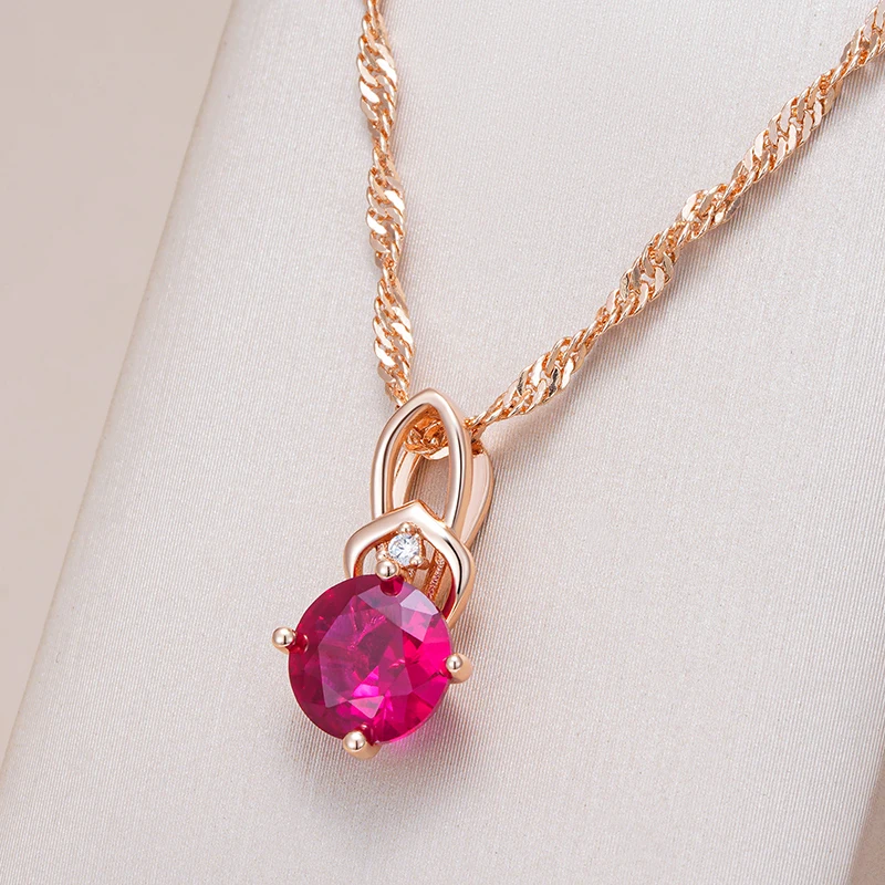 Kinel Shiny Red Oval Natural Zircon Pendant Necklace Women Fashion 585 Rose Gold Color Ethnic Bride Fine Daily Vintage Jewelry