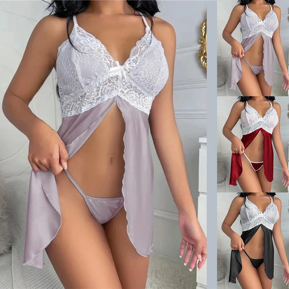 

PYL HOT Women Sexy Lace Nightdress G-String Thong Babydoll Lingerie Set Sleepwear Robe Nighties