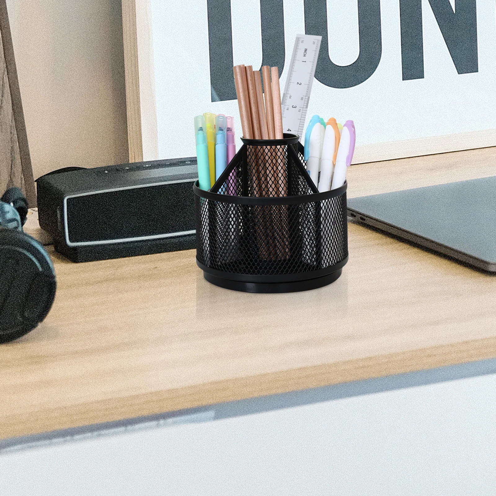 

360° Rotating Pen Holder Metal Black Large Size Desk Organizer Storage Box Pencil Cup Makeup Brush Container Stationery Holder