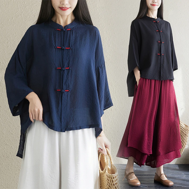 

Handmade Short Sleeve Summer Sun Protection Open Cardigan Buttoned Vintage Top Zen Tea Clothing Artistic Shirt Women's Fashion