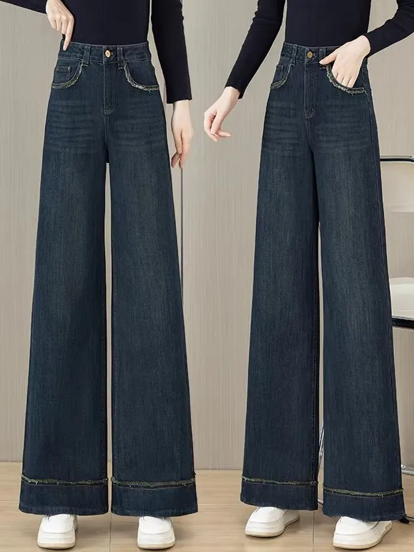 Retro Blue Wide Leg Denim Jeans Women's New 2025 Autumn Winter Fleece Lined High Waist Loose Wide Foot Straight Floor Length ...