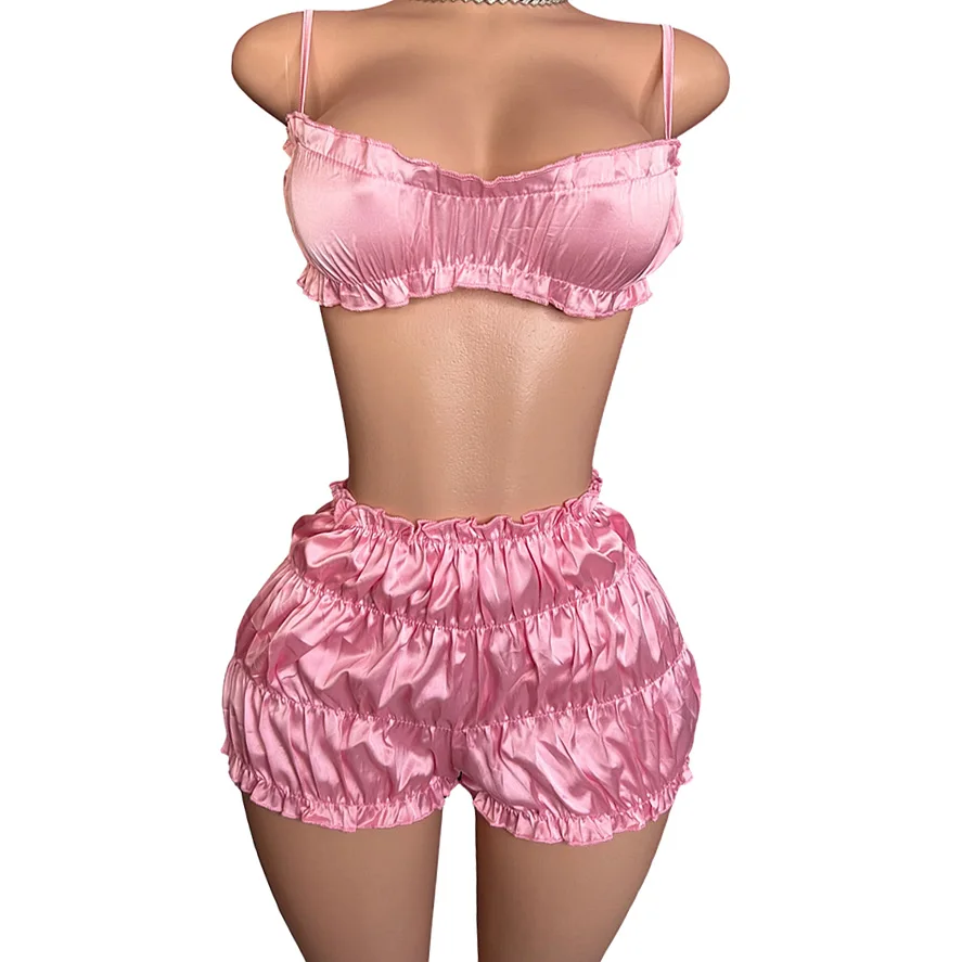 HLJ Y2K Ruched Sexy Shorts Two Piece Sets For Women Thin Strap Backless Crop Top And Stacked Shorts Outfits Fashion 2pcs Clothes