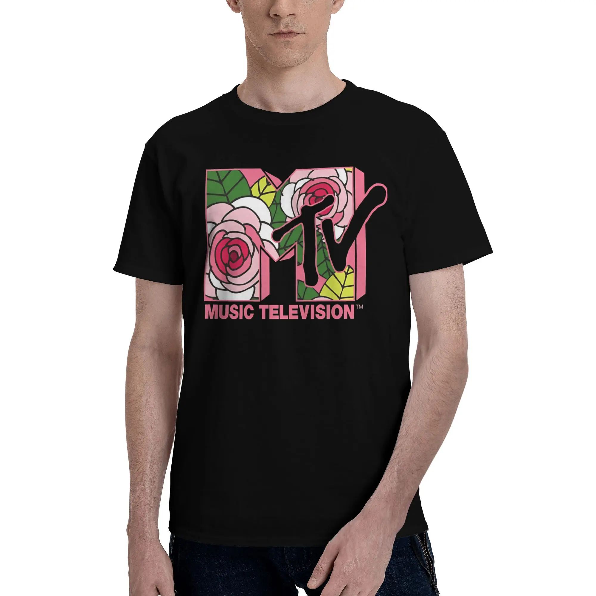 Vintage Pink Roses Stained Glass Retro Pop Novelty 100% Cotton T-Shirt MTV Tees Tops For Men