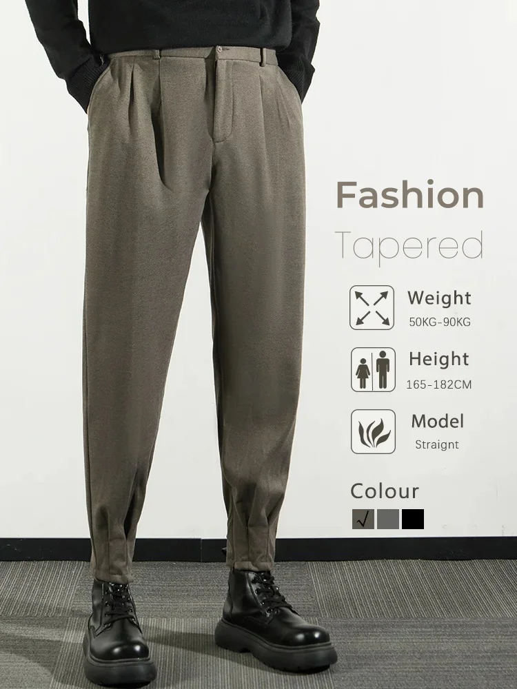 

Mens Casual Fashion Suit Pants Elastic Waist Slim Little Feet Autumn Trousers British Style Pleated Tapered Male Blazer Pants