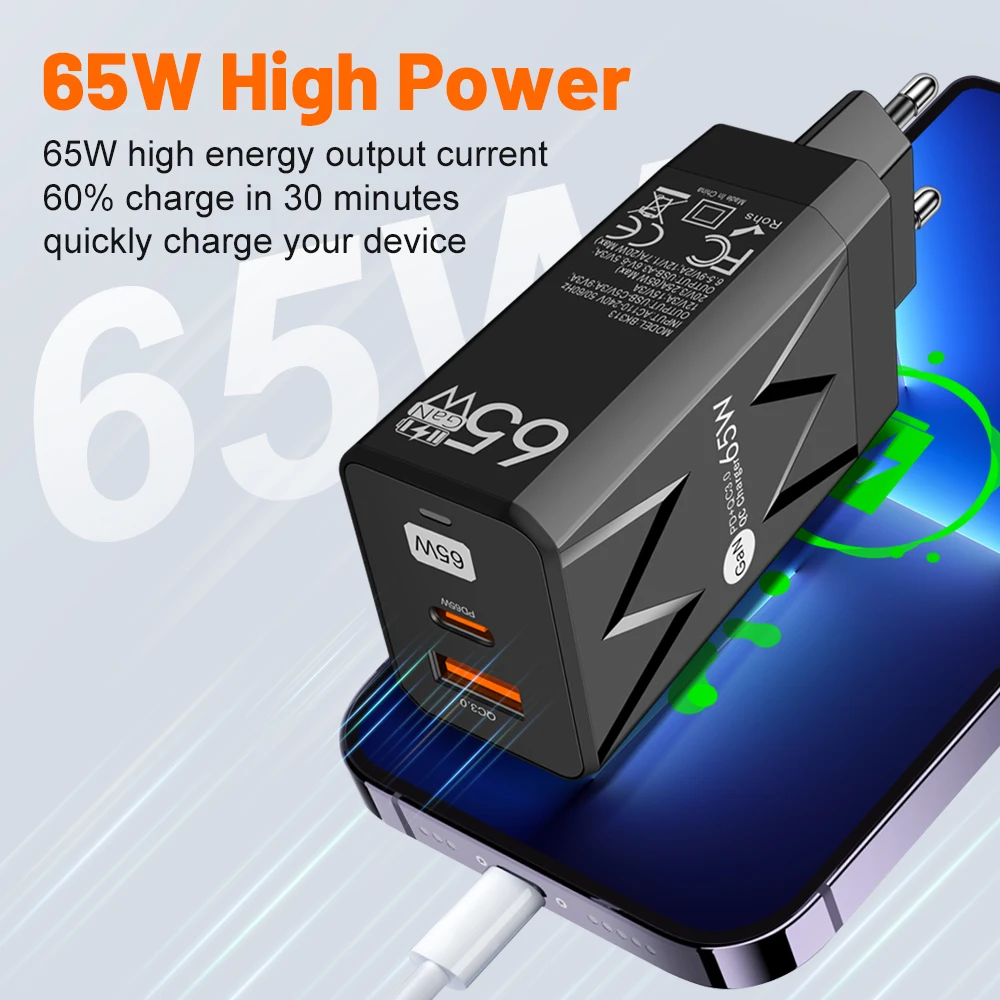 GaN 65W Fast Charging USB Type C Wall Charger PD Quick Charger Mibile Phone Adapter For iPhone 15 Xiaomi  POCO Samsung Oneplus