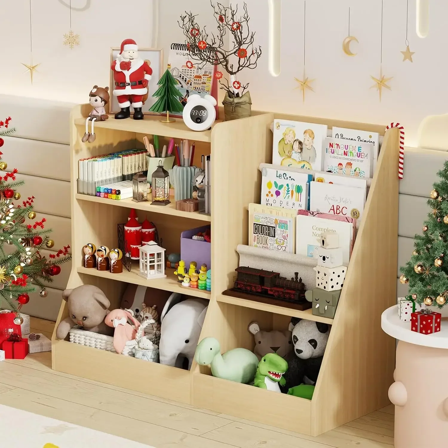 

39" Large Kids Wooden Bookshelf and Toy Storage Organizer, Baby Bookcase with Sling Book Rack, Children Toddler Wooden Book Shel