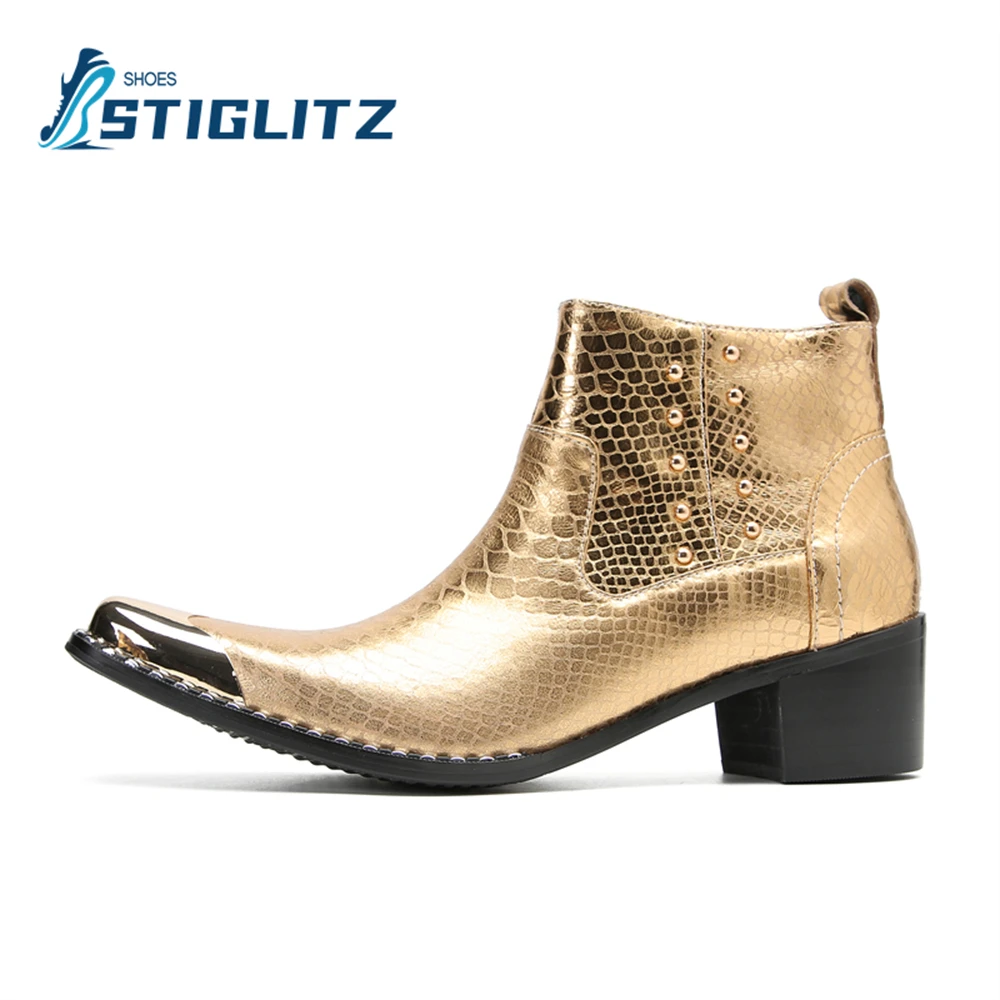 

Solid Color Snake Print High Heel Booties Personalized Pointed Toe Chelsea Shoes 6Cm Square Heel Shoes Men's Banquet Dress Shoes