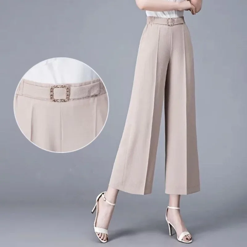 Fashion Ice Silk Wide Leg Trousers Womens Clothing Summer Thin Sagging Casual High Waist Loose Horn Vintage Cropped Pants