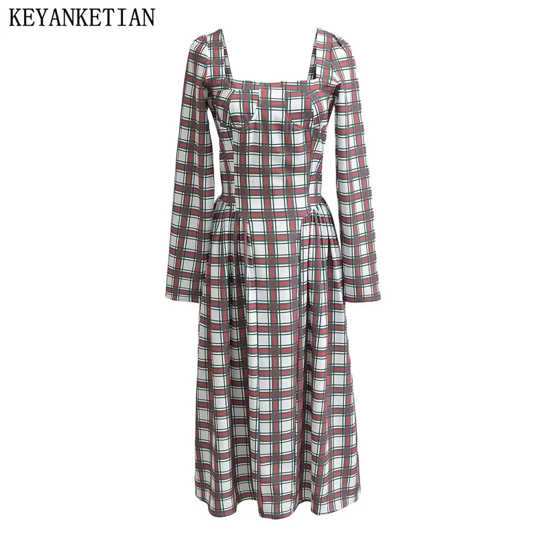 

KEYANKETIAN 2024 New Launch Women's Plaid Print Mid-Length Dress Retro Pockets Pleats Slim Long Sleeve A-Line Puffy Dresses