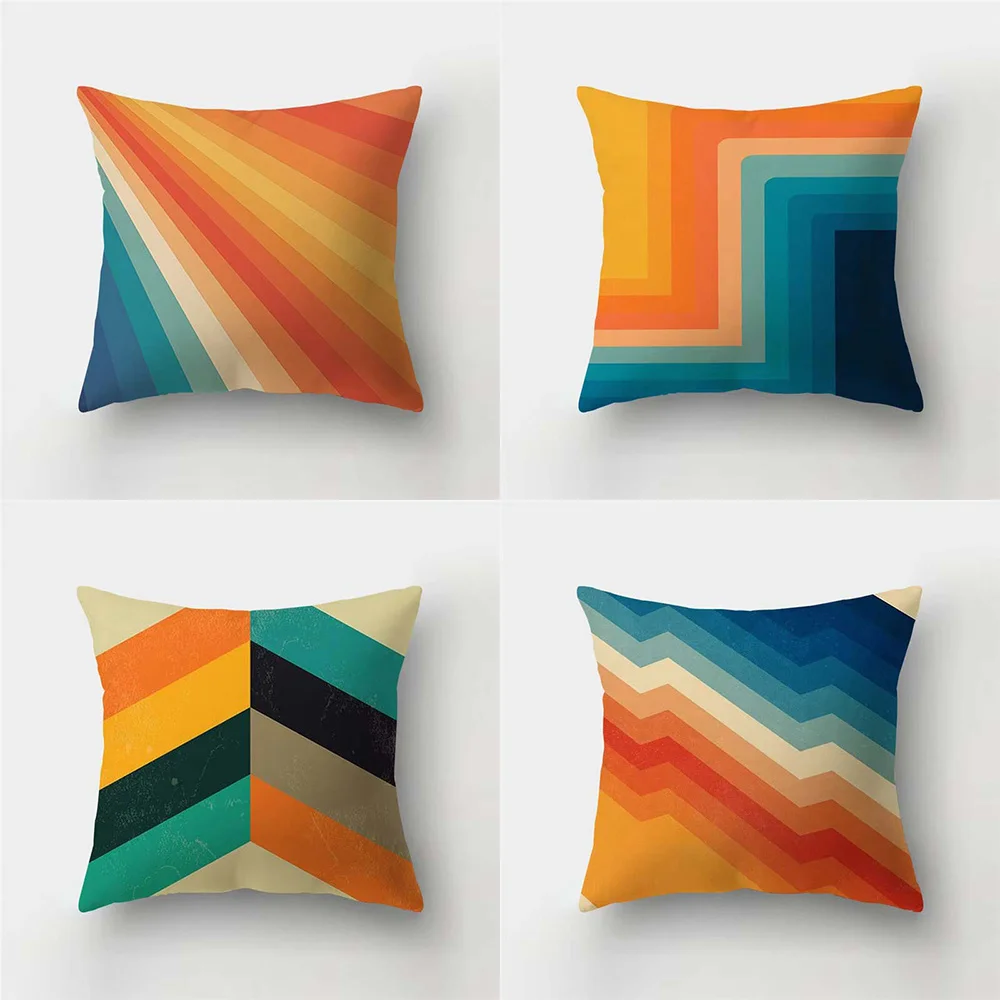 4pcs Retro Geometric Stripe Throw Pillow Covers, 70s Vintage Rainbow Chevron Print Cushion Cases, Mid Century Modern Decor