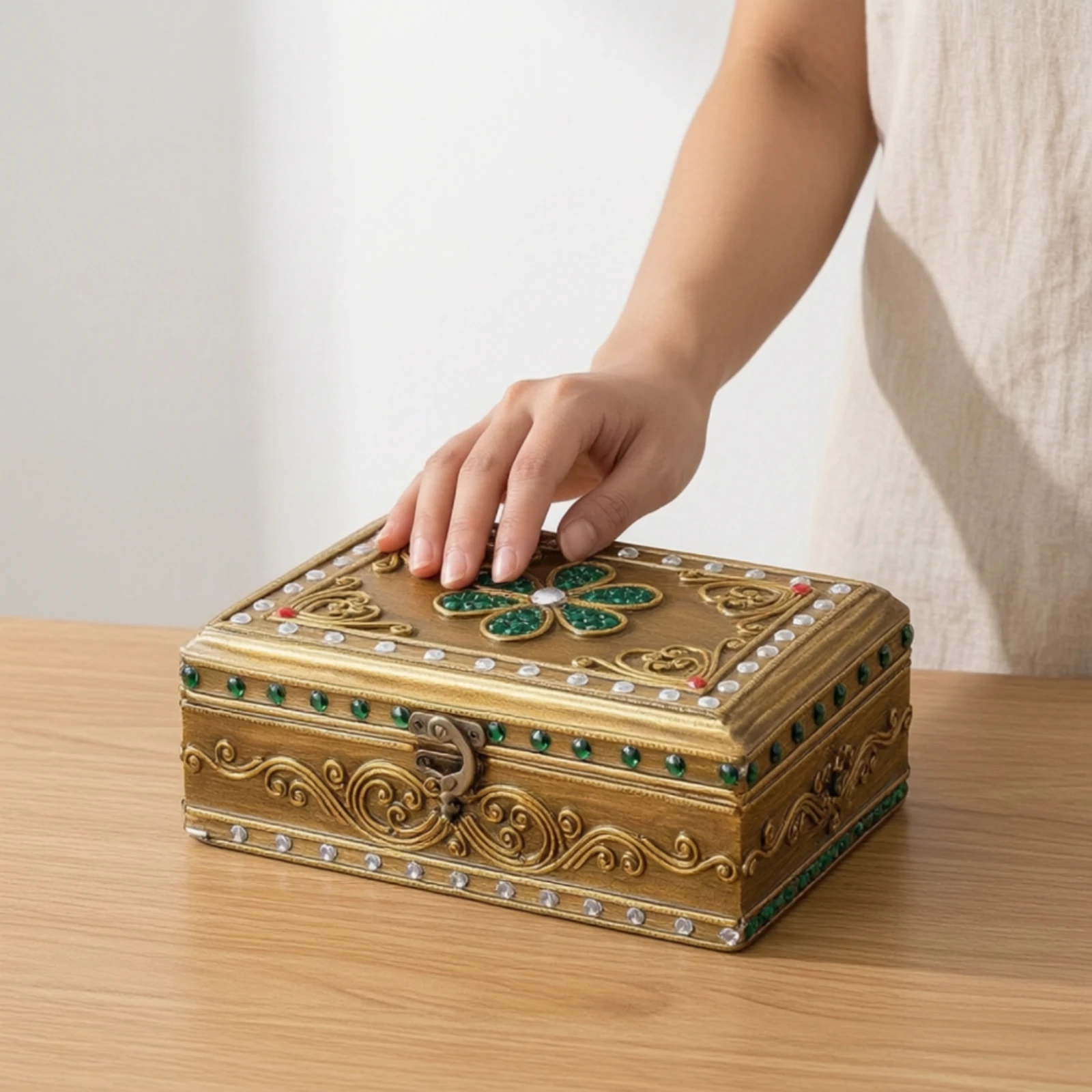 Carved Jewelry Box with Latch Artisanal Look Wooden Jewelry Box with Mirror Secure Long-Lasting for Women, Vanity, Dresser