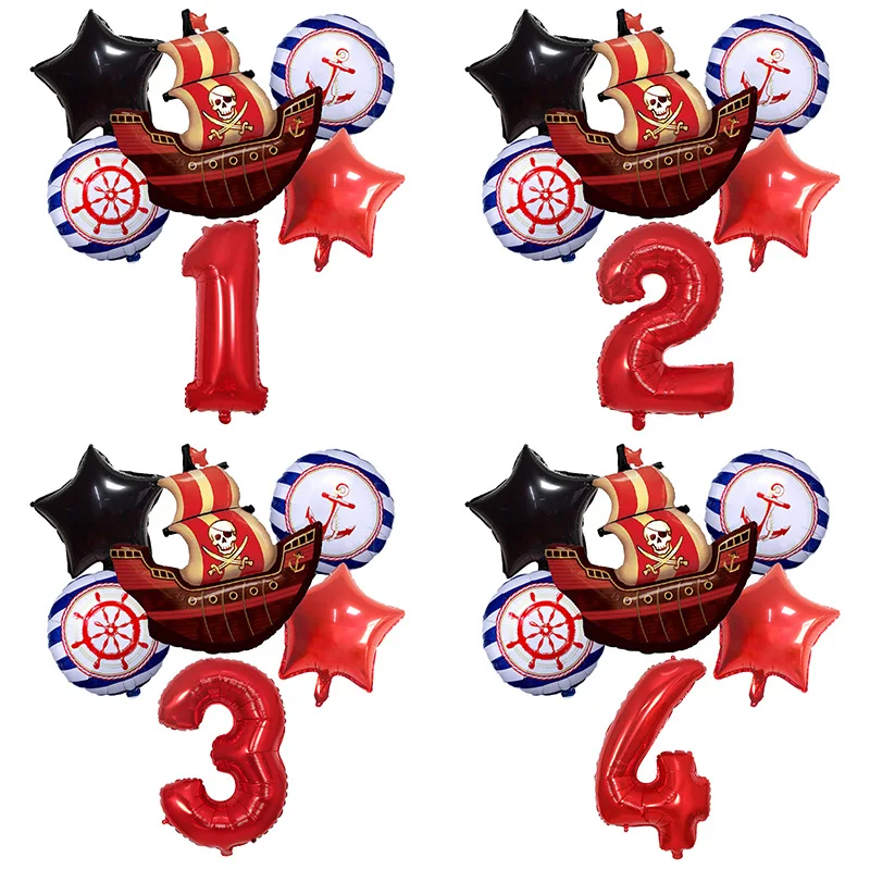 Ein rotes Nuimber-Ballon-Set mit einem Piratenschiff-Abenteuer-Thema für die Dekoration von Partygeburtstage