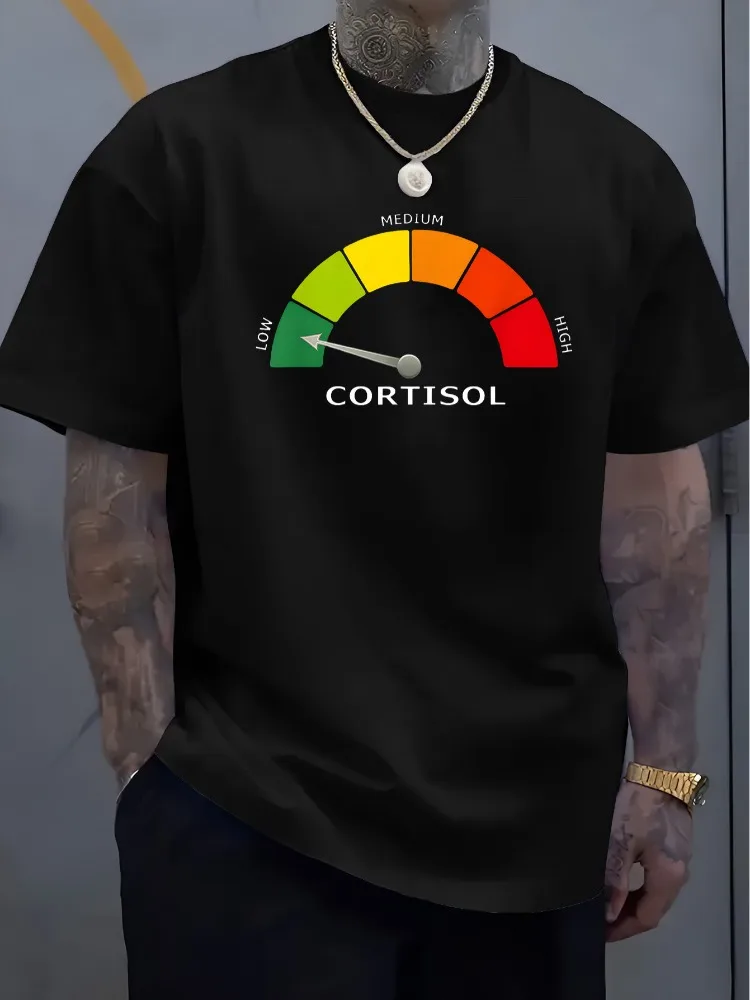 Mens Crew Neck Short Sleeve Tee Cortisol Level Meter Graphic Soft Cotton Funny Stress Health Daily Street Top For Adult Guys