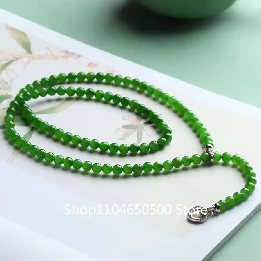 

Hotan Jade Jasper Ice Yang Green Necklace Round Beads Long Necklace
