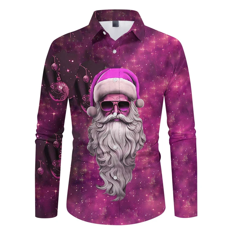 Fashionable Christmas Shirts For Men 3D Print Coll Santa Claus Pattern Casual Festival Men Women Clothing Long Sleeve Shirt Tops