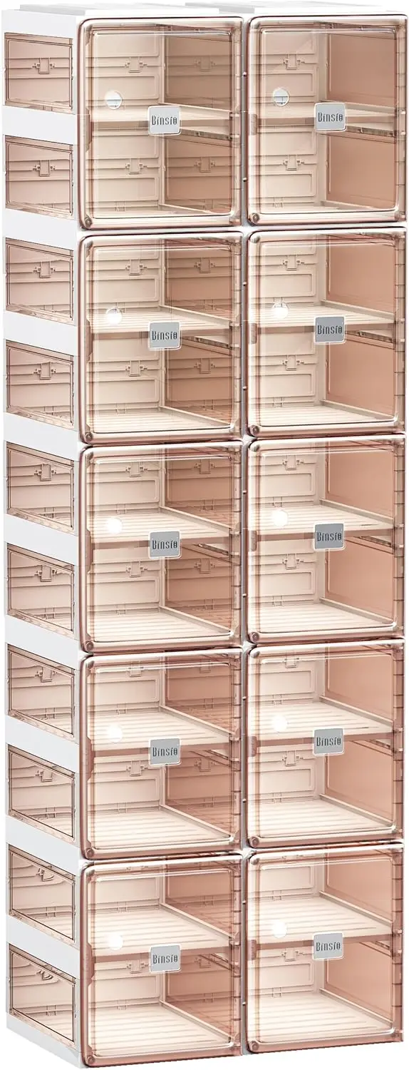 BINSIO Shoe Storage Cabinet with Doors, One Piece Portable Rack Organizer, Easy Assemble, Plastic Clear Box, Foldable, 10 Tiers