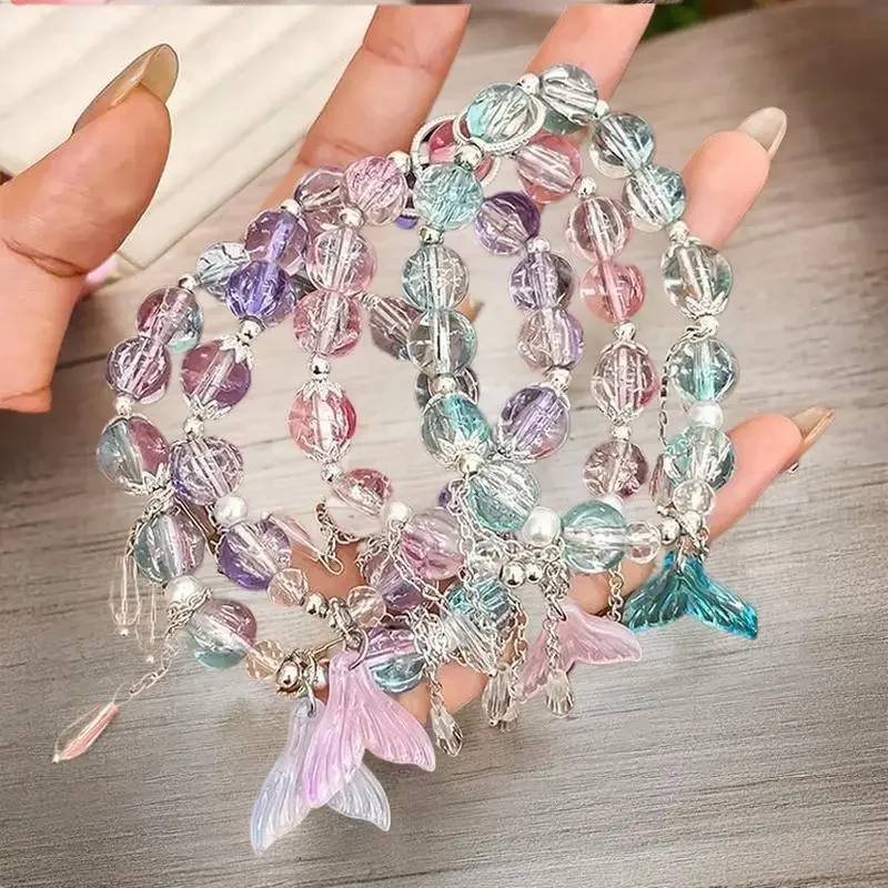 الكورية الوردي كريستال الزهور عقد بحلية متدلية على شكل فراشة سوار مُزين بالخرز للنساء الحلو الخرز سلسلة أساور صديقة مجوهرات هدايا #4