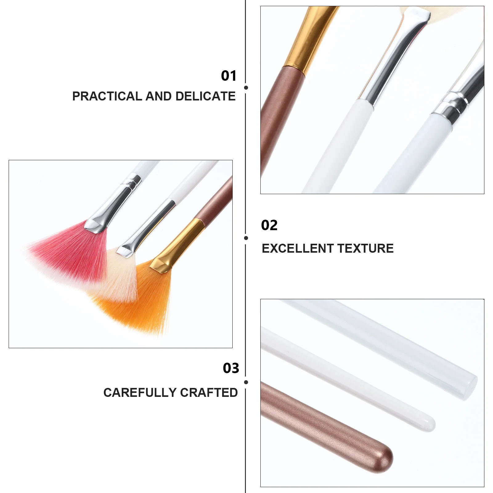 3 pennelli per trucco a forma di ventaglio, nylon premium, alluminio, legno, miscela, evidenziatore in polvere, fard, kit di strumenti per trucco