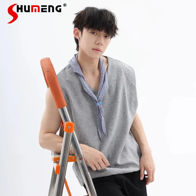 

Men's 2026 Summer New High-end Vests Stylish Sleeveless Tank Tops Men's Small Fragrant Solid Color Simple Trend Chic V-neck Tops
