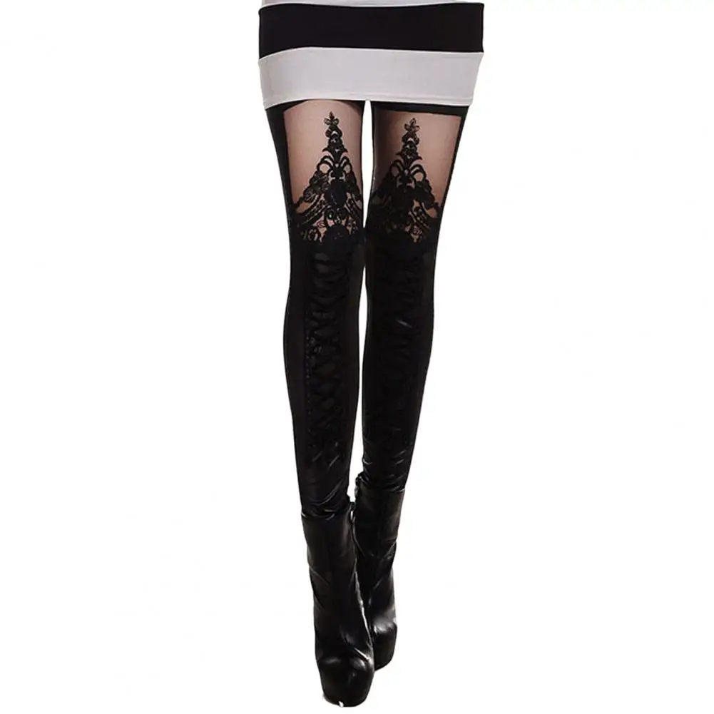 Modern Punk Leggings Windproof See-through Lace-up Calf Women Faux Leather Gothic Punk Leggings  Pencil Pants Hip Lifting