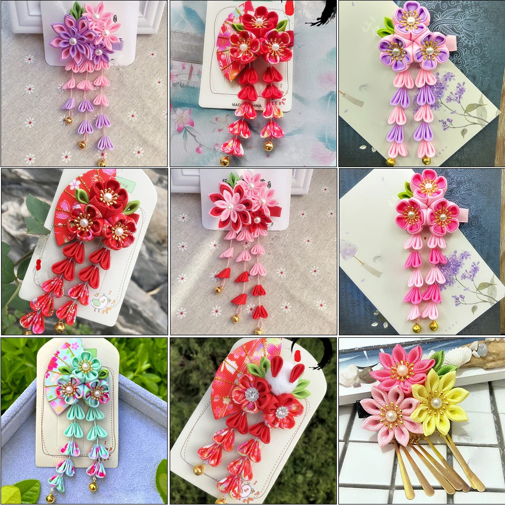 Japanese Kimono Fabric Flower Folding Fan Children Hair Accessories Clip Tassel Headwear Headdress Barrette Yukata Festvial Deco