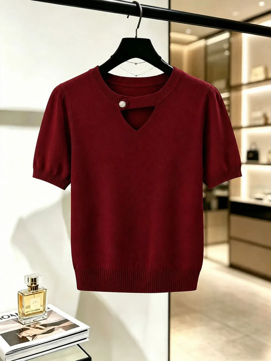 

Fashionable Short Sleeve Knitted Top Commute Pure Color Base Layer Summer Comfortable Women's Shirt Korean Style Straight Cut